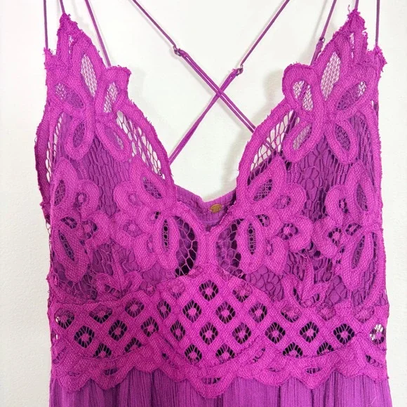 Free People Adella Tiered Slip Boho Dress Purple Crochet Lace Ruffle Mini Medium - Picture 4 of 7